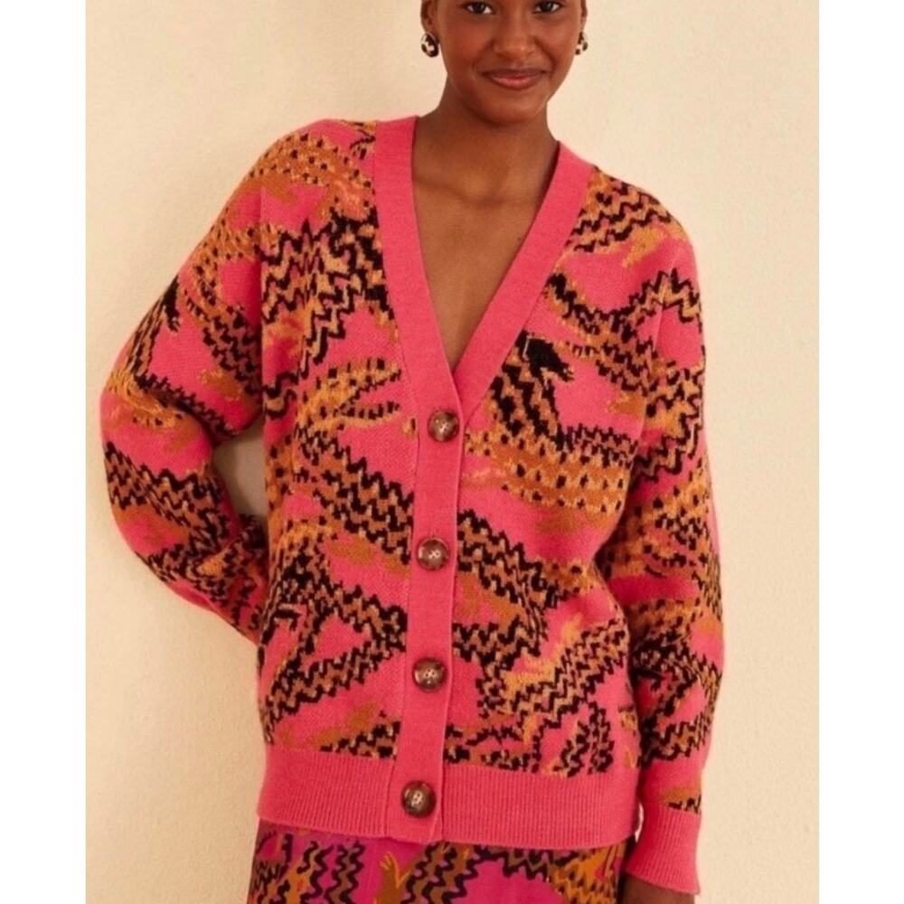 FARM Rio Croco Pink Knit Cardigan Sweater Oversized Multi Women's S - Picture 12 of 12